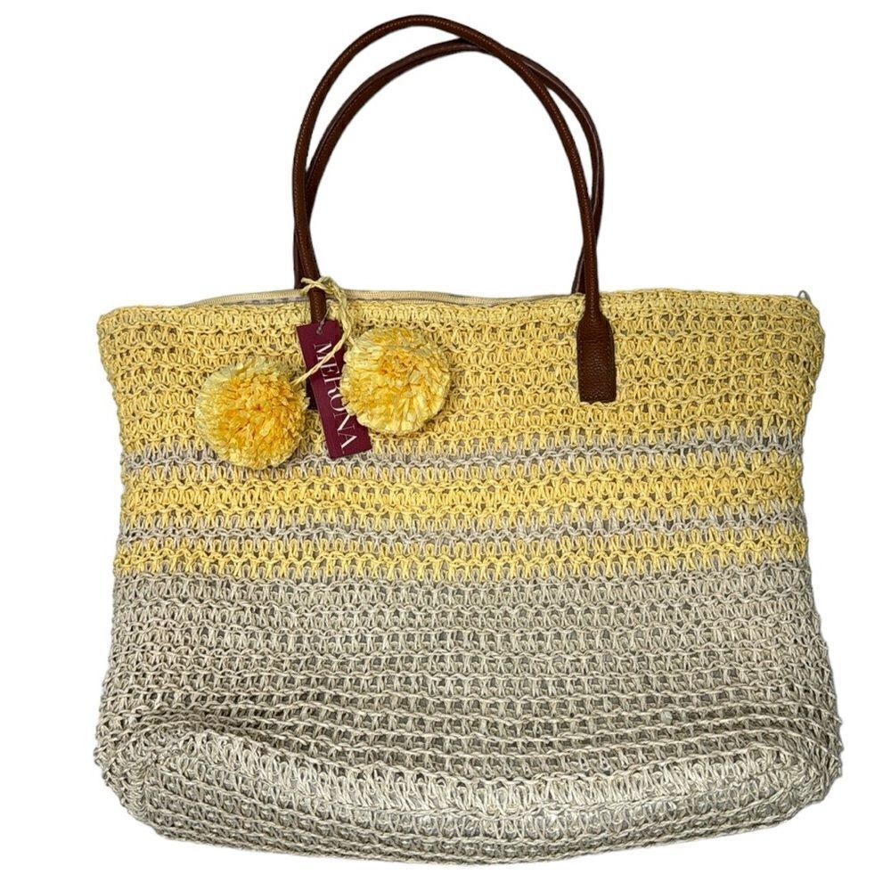 Merona Striped Woven Straw Pom Pom Tote Nag. NWT.‎